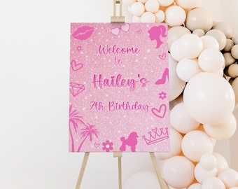 Hot Pink Doll Birthday Welcome Sign, Pink Glitter Dollies Party Decoration, Printable Girl Birthday Welcome Poster, CLP154