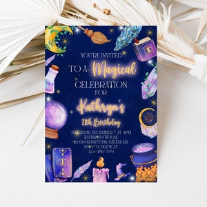 Magical Wizard Birthday Invitation, Magic Witchcraft Invite, Witch Invite, Spell Book, Fortune Teller, Instant Download, Editable