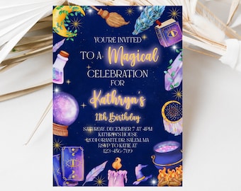 Magical Wizard Birthday Invitation, Magic Witchcraft Invite, Witch Invite, Spell Book, Fortune Teller, Instant Download, Editable