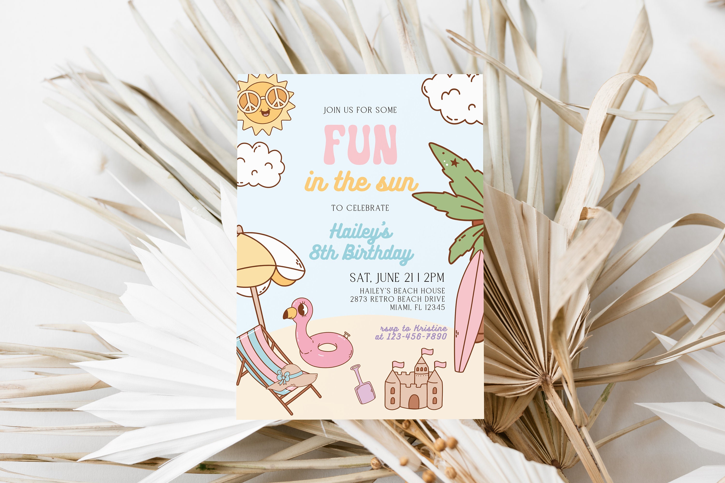 Retro Girls Beach Birthday Party Invitation, Girls Groovy