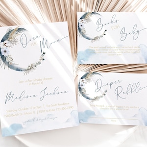 Over the Moon Baby Shower Invitation Bundle, Boy Baby Shower Invite Set, Boho Moon Baby Shower, Blue Moon, Instant Download, Editable