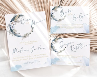 Over The Moon Invite, Boho Celestial Bundle | Editable Digital Download - 5X7, Diaper Raffle, Books