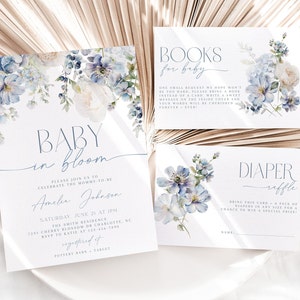 Baby in Bloom Baby Shower Invitation Bundle, Dusty Blue Watercolor Floral Baby Shower Invite Set, Boy Baby Shower Invitation, CLP67