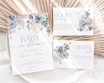 Dusty Blue Floral Baby Shower Invitation Set (Digital Download) CLP67