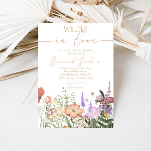 May include: A white bridal shower invitation with a floral border. The invitation reads "WILDLY in love" and includes the bride's name, date, time, location, and RSVP information.