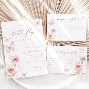 Editable Butterfly Baby Shower Invitation Bundle, Printable Pink Floral Butterfly Baby Shower Invite Set, Girl Butterfly Baby Shower, BBS22