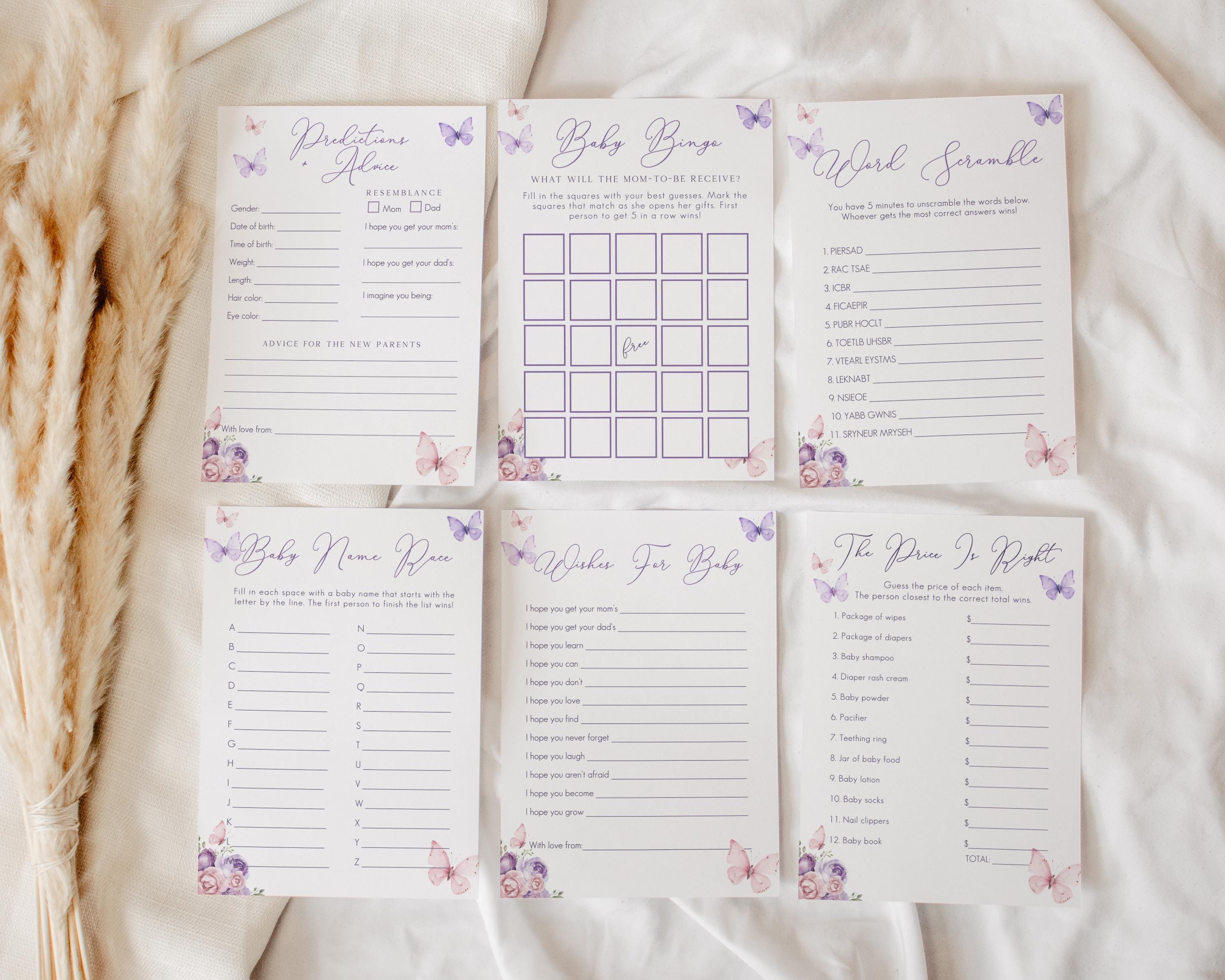 Enchanted Baby Shower Game Bundle Template, Purple Pink Floral Butterfly Baby Shower Game Set, Fairy Butterfly Editable Games, Corjl BBS140