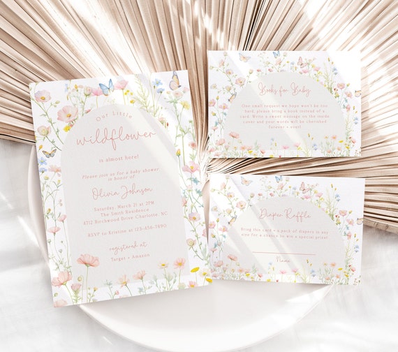 Wildflower Baby Shower Invitation Set, Pink Pastel Floral (Editable) BBS90