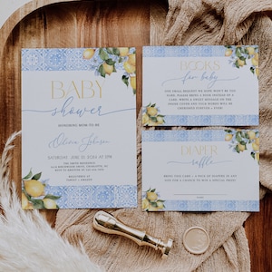 Bearbeitbares Zitronenblaues Fliesen-Babyparty-Einladungspaket, mediterranes Amalfiküste-Babyparty-Einladungsset, BBS65