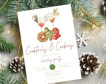 May include: A white invitation card with the text "Cocktails & Cookies" in red script. The card features watercolor illustrations of cocktails and gingerbread cookies. Details include the date, time, and location of a holiday party.