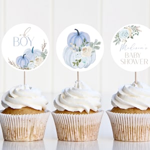 Blue Pumpkin Baby Shower Cupcake Topper, Pumpkin Floral Baby Shower Cupcake Pick, Fall Boy Baby Shower, Instant Download, Editable
