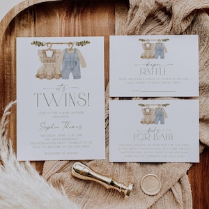 Bearbeitbares Boho Twin Babypartyeinladungspaket, Es sind Zwillinge Junge Mädchen Babypartyeinladungsset, Wäscheleine Babypartyeinladung, BBS118