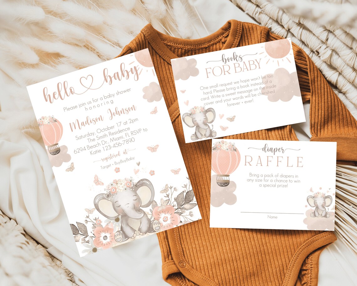 Boho Elephant Baby Shower Invitation Bundle Girl Elephant Etsy