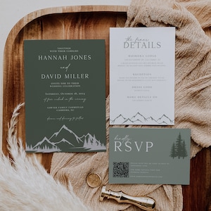 Waldhochzeits-Einladungs-Paket in den Bergen, Salbeigrün, Waldland-Hochzeitseinladungspaket, Kiefernbaum-Hochzeitseinladung im Freien, BT12