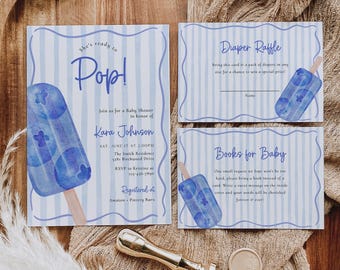 Editable Popsicle Baby Shower Invitation Set, She's Ready To Pop Baby Shower Invitation Bundle, Blue Boy Ice Pop Baby Shower Invite, BBS179