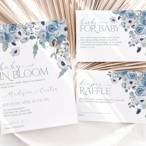 Baby in Bloom Baby Shower Invitation Set, Boy Baby Shower, Wildflower Baby Shower Invitation Bundle, Blue Floral Baby Shower Invite, CLP51