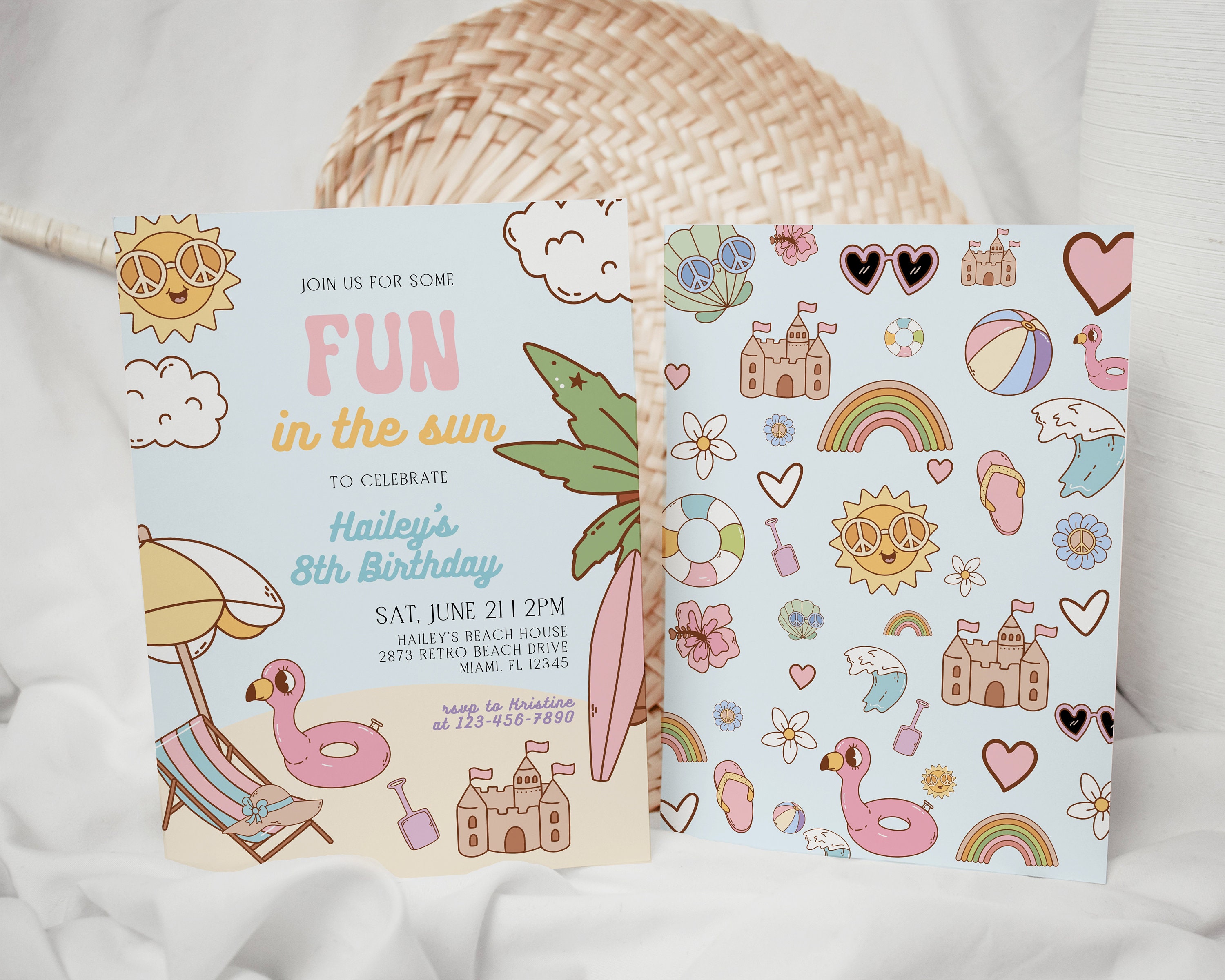 Retro Girls Beach Birthday Party Invitation, Girls Groovy