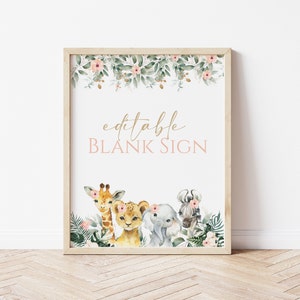 Bearbeitbare Safari Animal Blank Sign Vorlage, Jungle Party Animal Blank Sign, Girl Wild One Party Dekoration, Instant Download, CLP24
