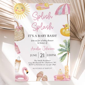 Editable Splish Splash Baby Shower Invitation, Pink Pool Summer Girl Baby Shower Invite, Tropical Summer Beach Surf Invite, BBS181