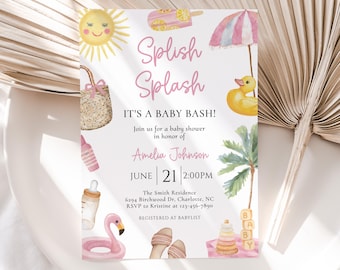 Editable Splish Splash Baby Shower Invitation, Pink Pool Summer Girl Baby Shower Invite, Tropical Summer Beach Surf Invite, BBS181