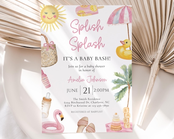 Editable Splish Splash Baby Shower Invitation, Pink Pool Summer Girl Baby Shower Invite, Tropical Summer Beach Surf Invite, BBS181