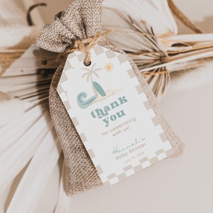 Blau Surf Beach Baby Shower Favor Tag, druckbare Retro Baby Shower Danke Geschenkanhänger, Baby an Bord Thema, BBS79