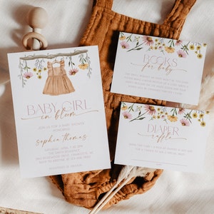 Bearbeitbares Boho Girl-Babyparty-Einladungspaket, druckbares Wildblumen-Baby in Bloom-Dusche-Einladungsset, Garten-Babyparty, BBS59