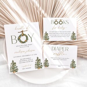 May include: A set of baby shower invitations and cards with a botanical theme. The main invitation reads "Bundle of Boy" with event details. Additional cards include "Books for Baby" and "Diaper Raffle", all with green tree illustrations.