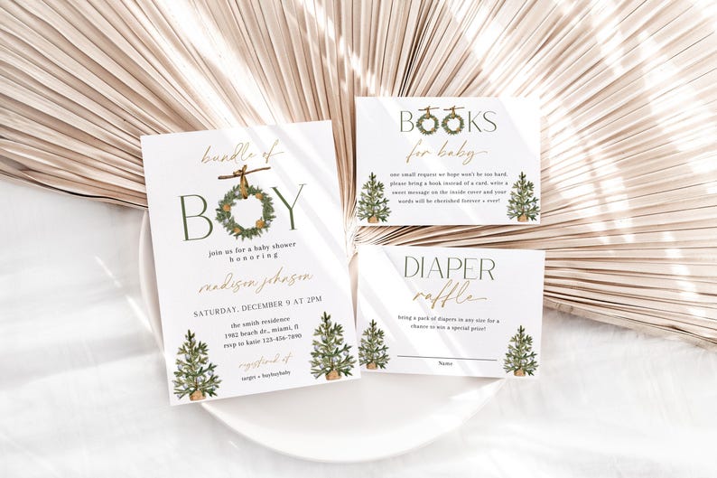 May include: A set of baby shower invitations and cards with a botanical theme. The main invitation reads "Bundle of Boy" with event details. Additional cards include "Books for Baby" and "Diaper Raffle", all with green tree illustrations.
