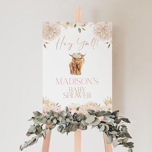 Editable Boho Highland Cow Welcome Sign, Cow Floral Party Decoration, Holy Cow Birthday, Holy Cow Baby Shower, Instant Download, CLP15