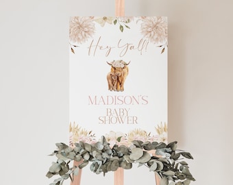 Redigerbar Boho Highland Cow Baby Shower-välkomstskylt (digital nedladdning) CLP15