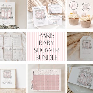 Editable Paris Baby Shower Invitation + Game Bundle, Baby Girl French Patisserie Invite, Paris Cafe, French Bakery, Instant Download, CLP28