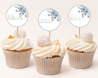 Blue Floral Baby Shower Cupcake Toppers (Digital Download) CLP51
