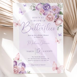 Invito per addio al nubilato con farfalle floreali, modificabile, stampabile, viola e rosa, Corjl BDS53