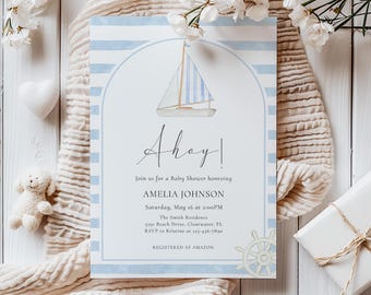 Baby Shower Invitation: Nautical Sailboat Design - Editable Template BBS160