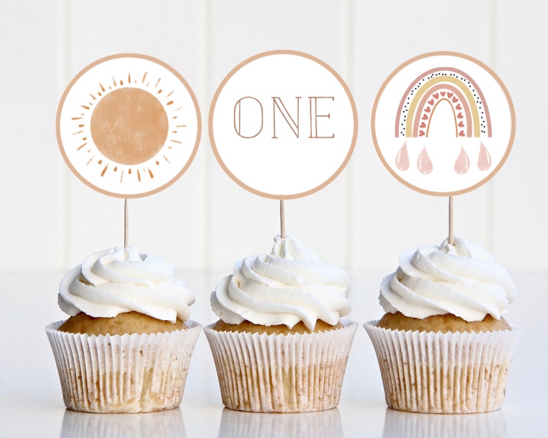 Boho Sunshine Cupcake Toppers - Sun-Themed Birthday Decor, Neutral Sun Cake Toppers, You Are My Sunshine Party Supplies (12 Count) - View #7
