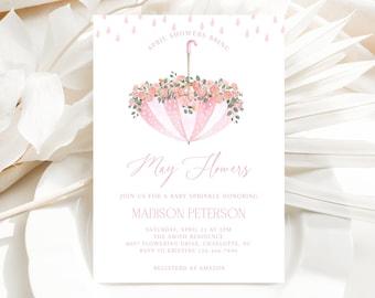 April Shower Baby, Editable Pink Spring Invite | Floral Sprinkle | 5X7 Digital Template BBS35