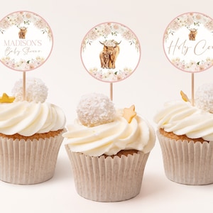 Toppers modifiables pour cupcakes vache Highland Boho, décoration florale de fête vache, anniversaire vache sacrée, shower de bébé vache sacrée, téléchargement immédiat, CLP15