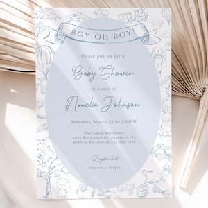 Editable Toile De Jouy Baby Shower Invitation Template, Dusty Blue French Baby Shower Invite, Vintage Oh Boy Baby Shower Invitation, BBS141