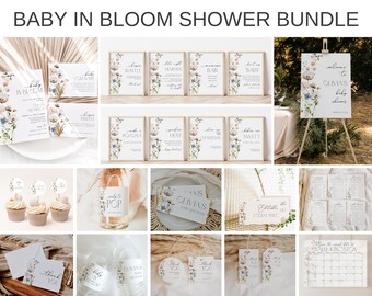 Editable Wildflower Baby Shower Invitation + Decor Bundle, Gender Neutral Baby In Bloom Invite + Game Set, Garden Baby Shower Invite, BBS130