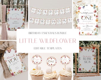 May include: A printable birthday party essentials bundle for a first birthday with a floral theme. The bundle includes a welcome sign, a banner, an invitation, cupcake toppers, a thank you tag, and a blank sign. The design features watercolor flowers in shades of pink, red, and yellow.