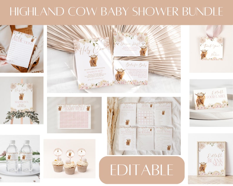Editable Boho Highland Cow Baby Shower Game Bundle, Cow Floral Baby Shower Printable Games, Holy Cow, Instant Download, CLP15 image 3