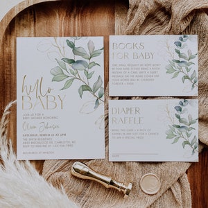 Bearbeitbares Greenery Babypartyeinladungspaket, druckbares Eukalyptus-Einladungsvorlagenset, geschlechtsneutrale Babyparty, Baby Junge, BBS37
