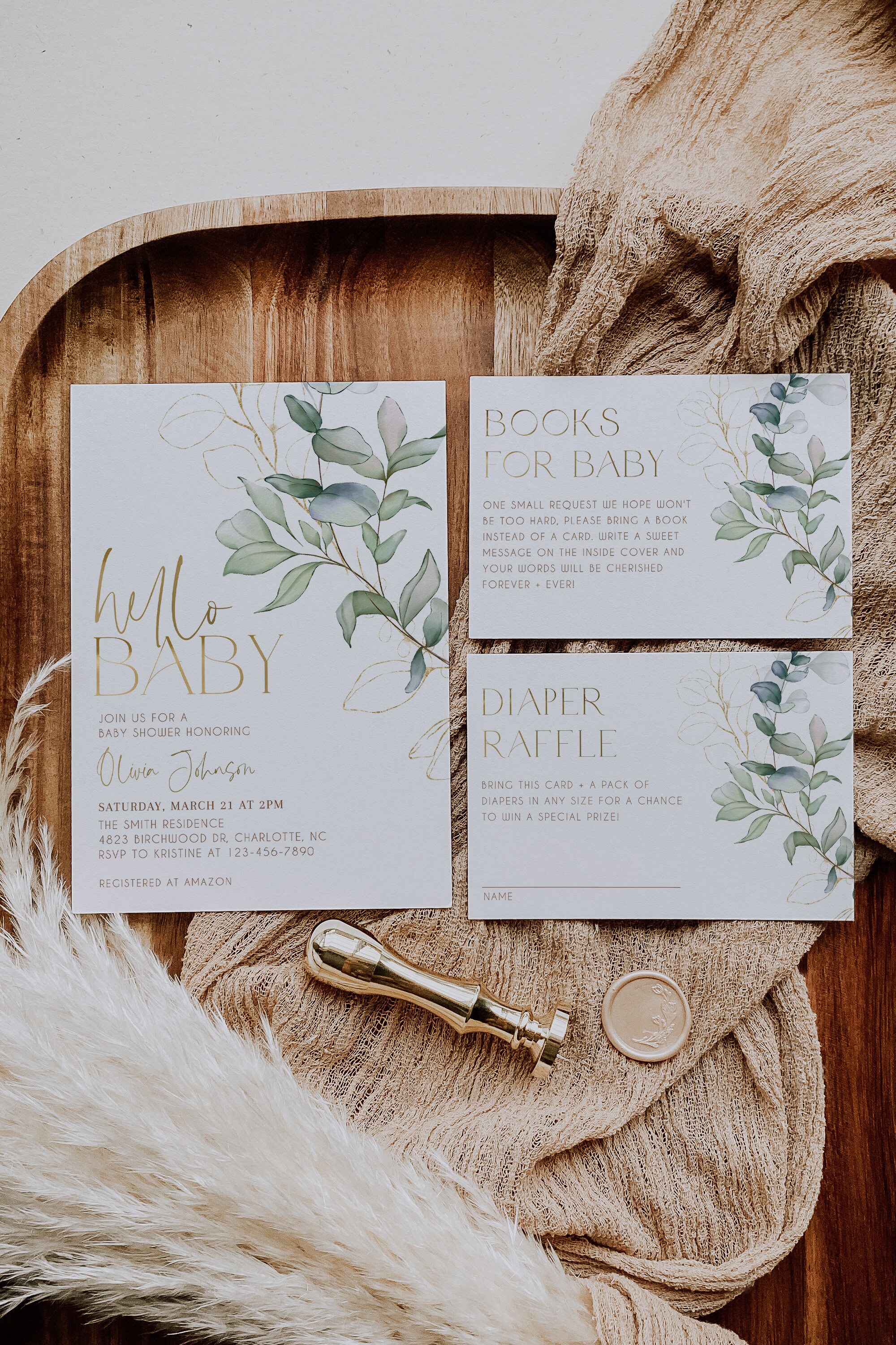 Editable Greenery Baby Shower Invitation Bundle, Printable Eucalyptus Invitation Template Set, Gender Neutral Baby Shower, Baby Boy, BBS37