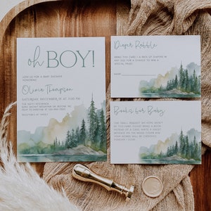 Bearbeitbares Woodlands Babyparty-Einladungspaket, Bergwald-Abenteuer Oh Boy-Babyparty-Einladungsset, BBS8