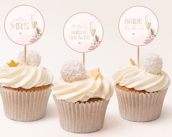Editable Brunch & Bubbly Bridal Shower Cupcake Toppers, Pink Boho Bridal Shower Decoration, Floral Champagne Shower, Instant Download, CLP44