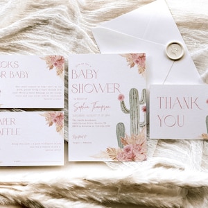 Editable Cactus Baby Shower Invitation Bundle, Pink Succulent Baby Shower Invite, Mexican Boho Fiesta Baby Shower, CLP171