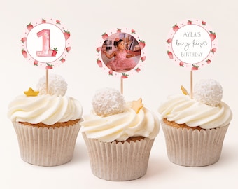 Editable Berry First Birthday Cupcake Toppers, Strawberry Decoration (Printable) CLP209