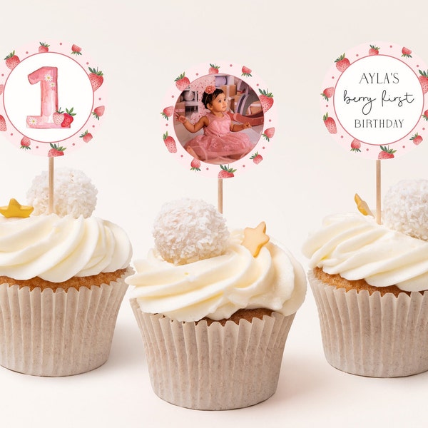 Editable Berry First Birthday Cupcake Toppers, Printable Strawberry 1st Birthday Cupcake Decoration, Pink Girls First Birthday, CLP209