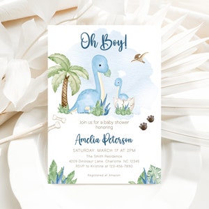 Editable Dinosaur Baby Shower Invitation, Greenery Boho Dinosaur Baby Shower Invite, Oh Boy Dinosaur Shower Invitation, BBS32